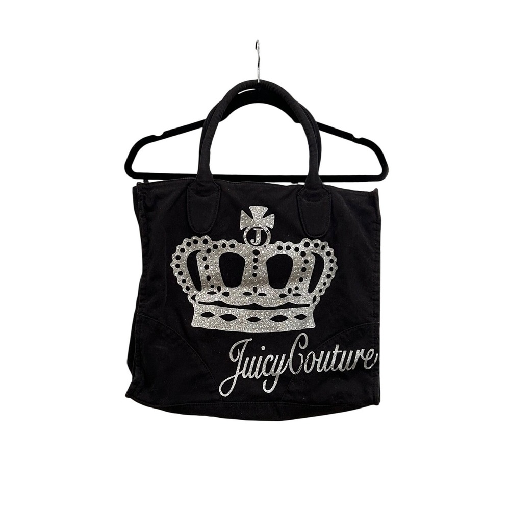 VTG Juicy Couture Black Canvas Tote Bag Silver Glitter Logo Y2K McBling Zip Top